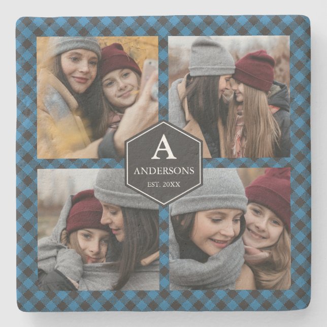 Blue Buffalo Plaid Lumberjack Family Photo Collage Stone Coaster (Front)