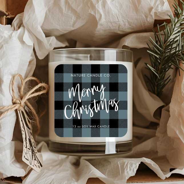 Blue Buffalo Plaid Merry Christmas Candle  Square Sticker (Creator Uploaded)