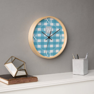 Blue Buffalo Plaid Monogram Clock