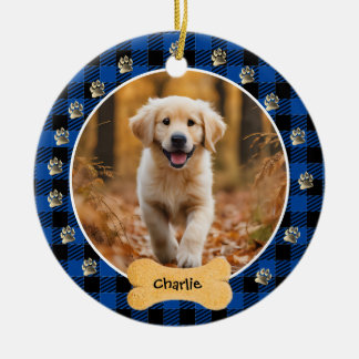 Blue Buffalo Plaid Pattern Gold Pet Print Family Ceramic Tree Decoration