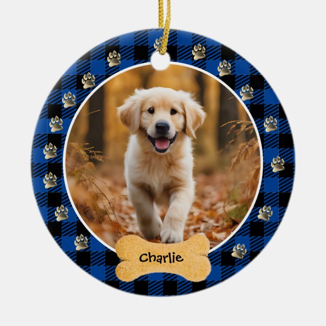 Blue Buffalo Plaid Pattern Gold Pet Print Family Ceramic Tree Decoration (Front)