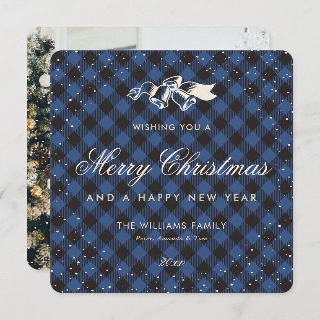 Blue Buffalo Plaid Snow Classic Photo Holiday Card (Front/Back)