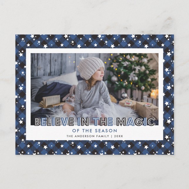 Blue Buffalo Plaid Snow Stars Believe Photo Holiday Postcard (Front)