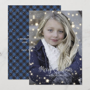 Blue Buffalo Plaid Stars Photo Christmas Cards