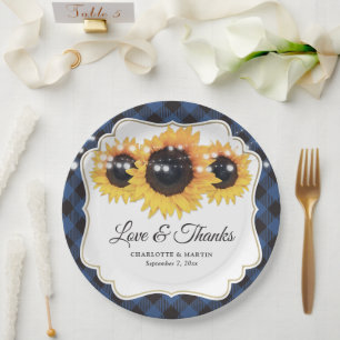 Blue Buffalo Plaid Sunflower Floral Wedding Paper Plate