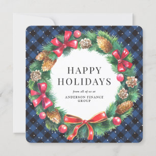 Blue Buffalo Plaid Wreath Corporate Business Holiday Card