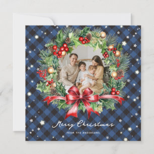Blue Buffalo Plaid Wreath Stars Photo Christmas Holiday Card