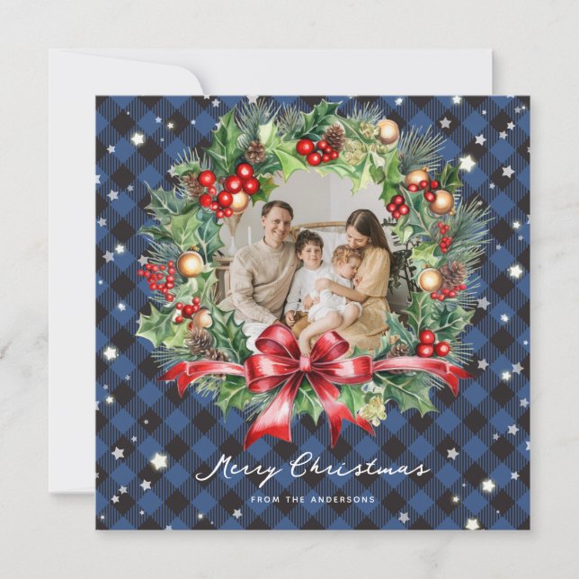 Blue Buffalo Plaid Wreath Stars Photo Christmas Holiday Card (Front)
