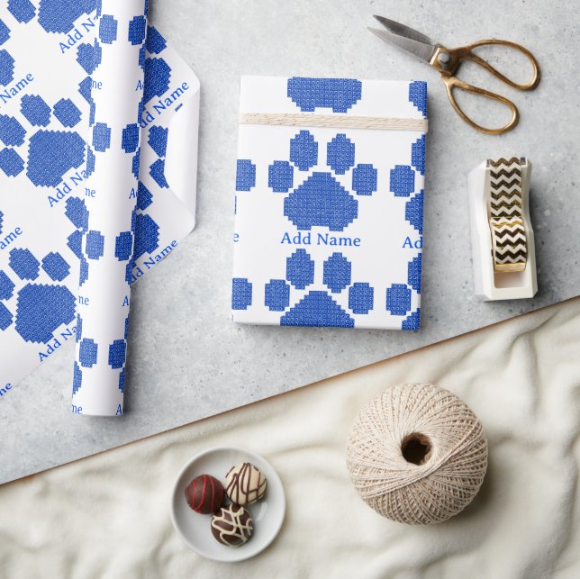 Blue Building Blocks Dog Paw Print Custom Name Wrapping Paper (Crafts)