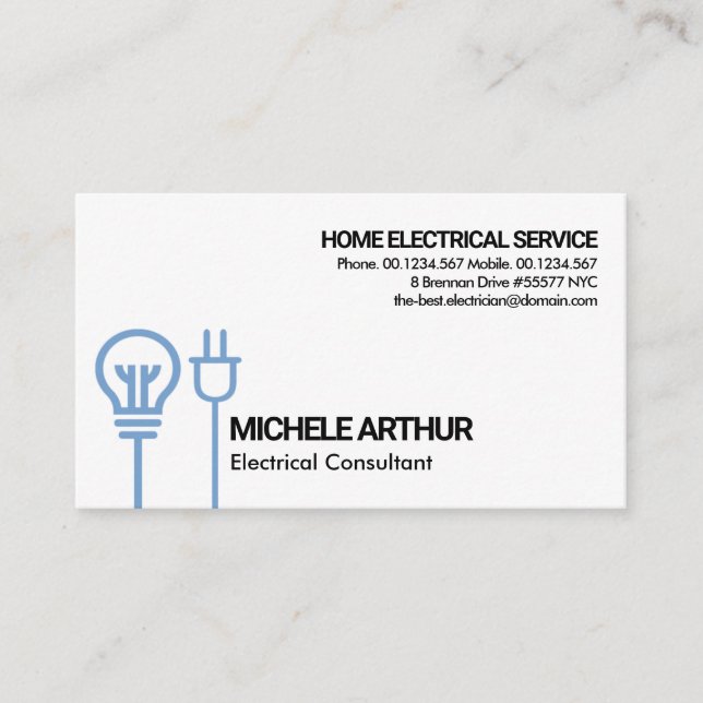 Blue Bulb Power Plug Motif Electrical Engineering Business Card (Front)