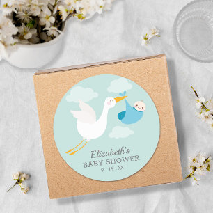 Blue Bundle Stork Boy Baby Shower Classic Round Sticker
