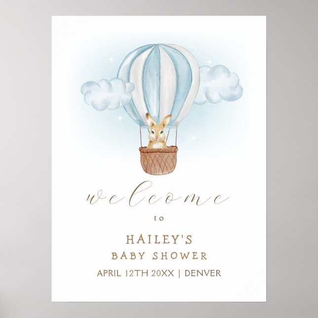 Blue Bunny Air Balloon Baby Shower Welcome Poster (Front)