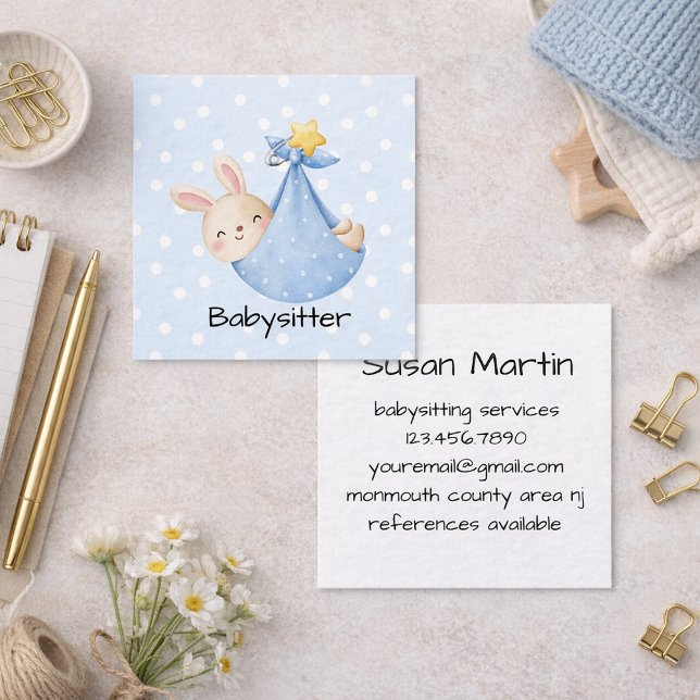 Blue Bunny Baby sling Snow Babysitter  Square Business Card (Creator Uploaded)