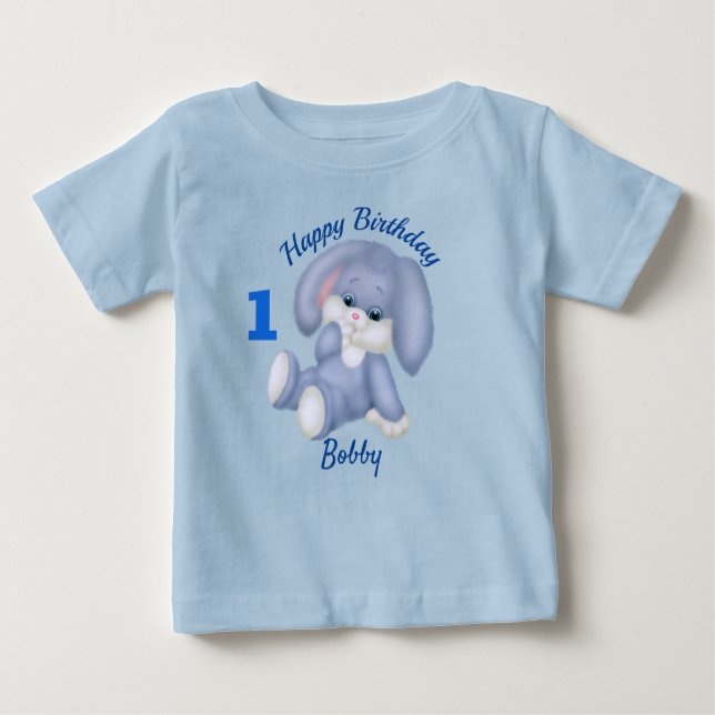 Blue Bunny Boys 1st Birthday Personalise Name Age Baby T-Shirt (Front)