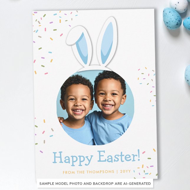 Blue Bunny Ears With Sprinkles Easter Photo Card (Creator Uploaded)