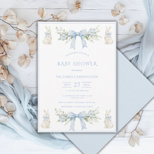 Blue Bunny Floral Ribbon Vintage Baby Shower Invitation