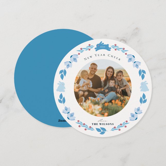 Blue Bunny Folk Art New Year Holiday Photo Card (Front/Back)