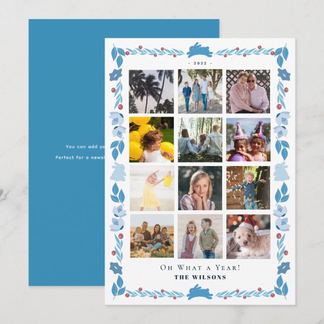 Blue Bunny Folk Art What A Year in Review 12 Photo Holiday Card (Front/Back)