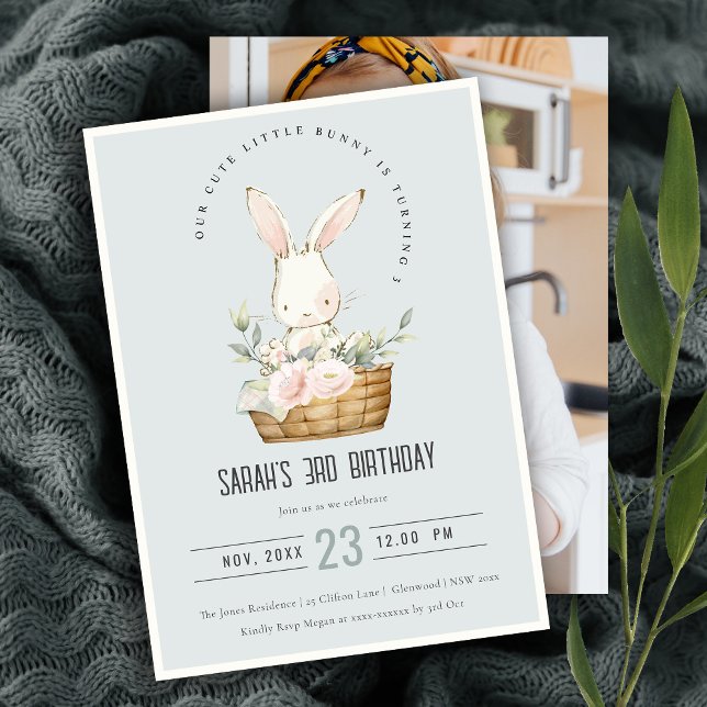 Blue Bunny In Floral Basket Kids Photo Birthday Invitation (Creator Uploaded)