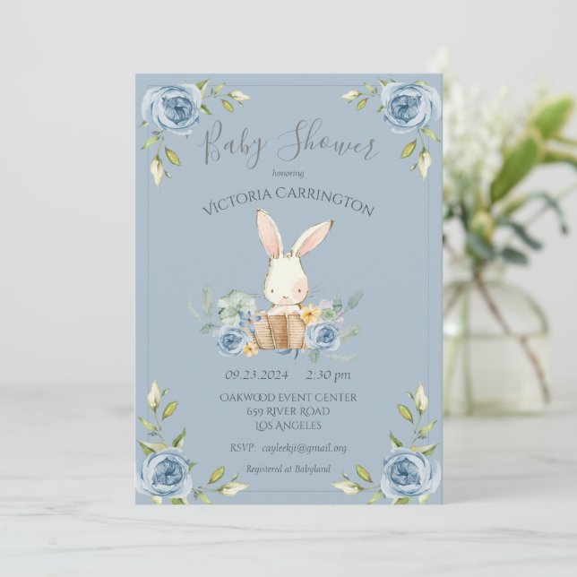 Blue Bunny Rabbit Boy Baby Shower Invitation (Standing Front)