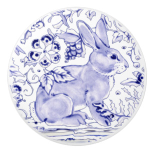 Blue Bunny Rabbit Floral Delft Dedham Ceramic Pull
