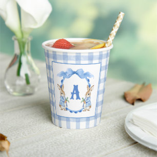 Blue Bunny Rabbit Gingham Monogram Crest Paper Cups
