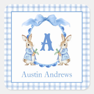 Blue Bunny Rabbit Gingham Monogram Crest Square Sticker
