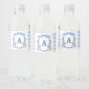 Blue Bunny Rabbit Gingham Monogram Crest Water Bottle Label