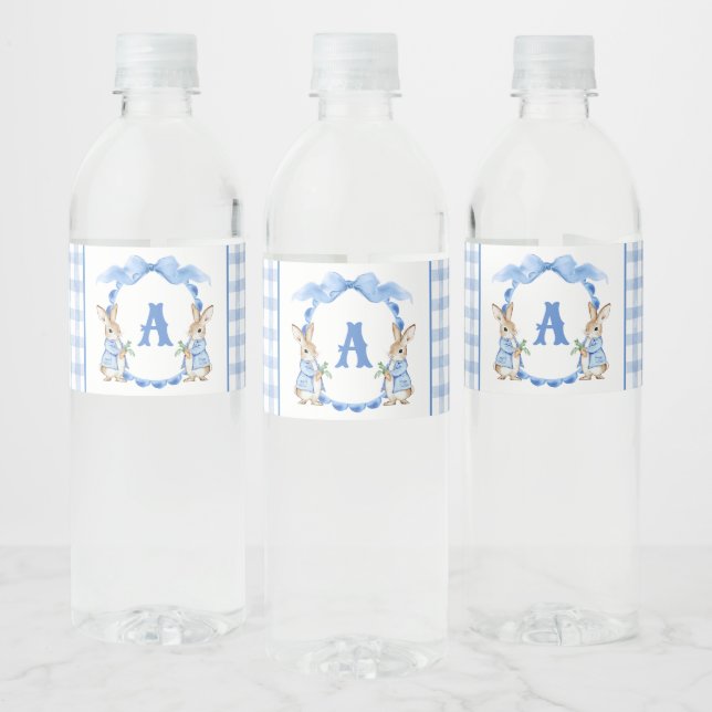Blue Bunny Rabbit Gingham Monogram Crest Water Bottle Label (Bottles)