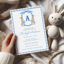 Blue Bunny Rabbit Monogram Crest Baby Shower