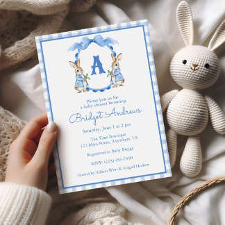 Blue Bunny Rabbit Monogram Crest Baby Shower Invitation