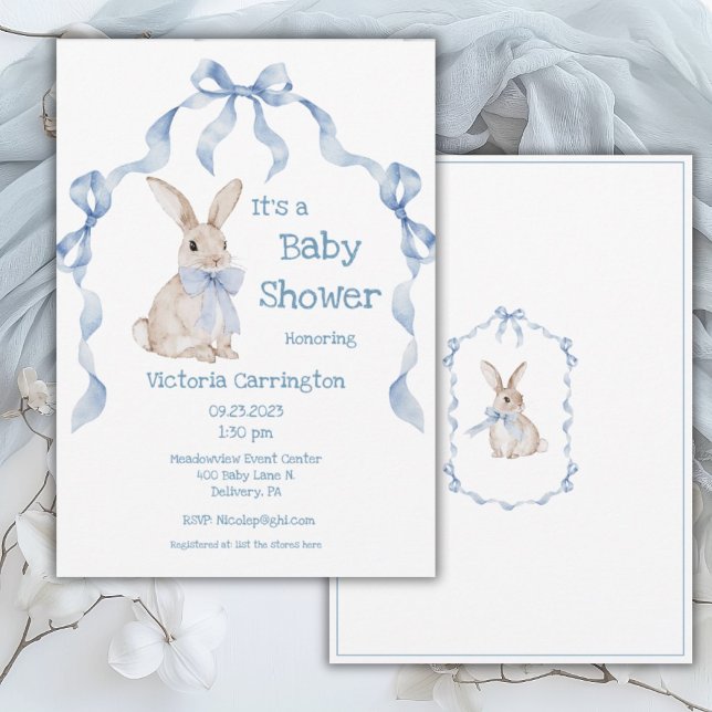 Blue Bunny Rabbit Ribbon Boy Baby Invitation (Creator Uploaded)