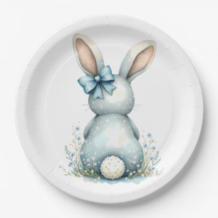 Blue Bunny Tail Cottontail Easter Bunny with Eggs Paper Plate