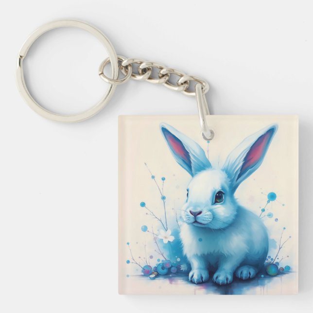 Blue Bunny Watercolor Artwork Key Ring (Front)