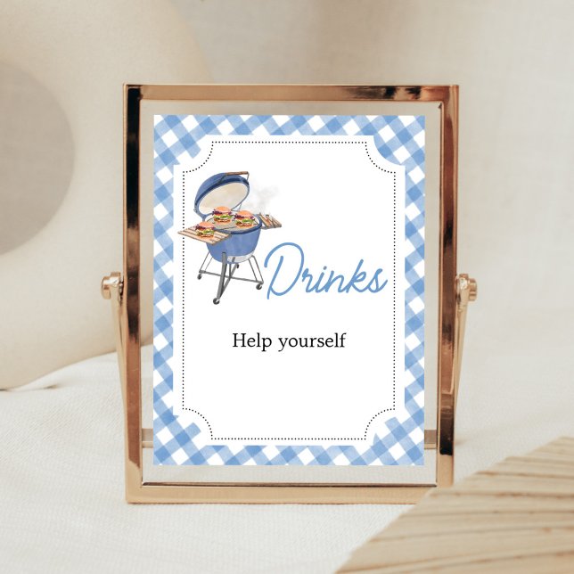 Blue Burger BBQ Baby Shower Drinks Poster (Boy Backyard BBQ Baby Shower Drinks Sign)