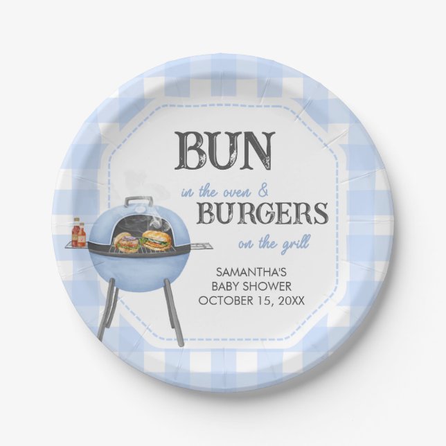 Blue Burger BBQ Baby Shower Paper Plate (Front)