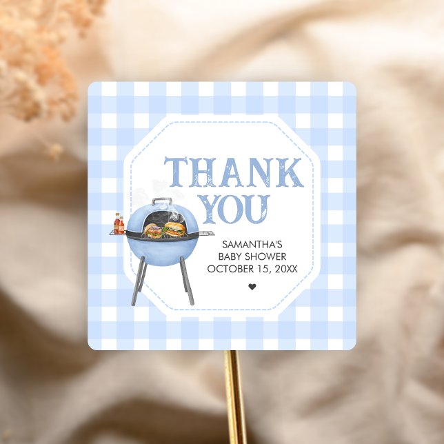 Blue Burger BBQ Baby Shower Square Sticker (Bun and Burgers Baby Shower Sticker)
