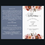 Blue, Burgundy and Blush Floral Wedding Program<br><div class="desc">This elegant wedding program features gorgeous floral border on the top and on the back, with delicate flowers in a combination of blush pink, dusty rose, burgundy Marsala, grey and peach tones. Use of modern calligraphy details. Two sides in contrasting elegant dusty blue background colour. Personalise the program in both...</div>