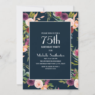 Blue Burgundy Blush Floral 75th Birthday Invitation