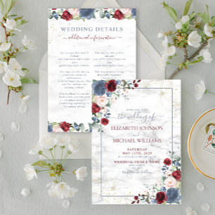 Blue Burgundy Blush Gold Floral Details Wedding Invitation