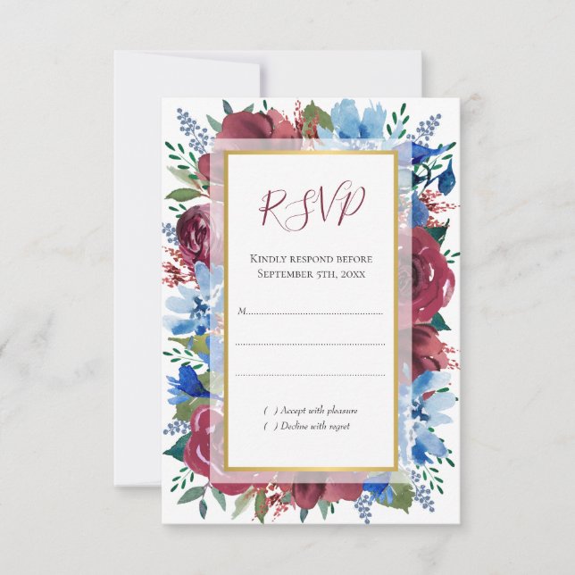 Blue Burgundy Botanical Floral Gold Wedding RSVP Card (Front)