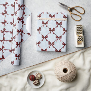 Blue Burgundy Bows Birthday Wrapping Paper