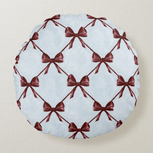 Blue Burgundy Bows Stripes Round Cushion