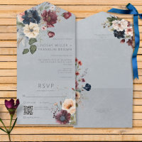 Blue Burgundy & Cream Rustic Floral Blue QR Code