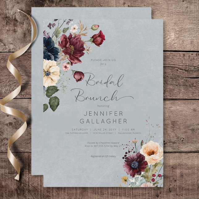 Blue Burgundy & Cream Rustic Floral Bridal Brunch Invitation (Blue Burgundy & Cream Rustic Floral Bridal Brunch Invitation)