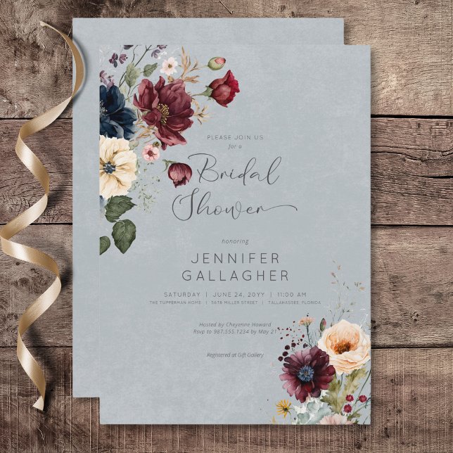 Blue Burgundy & Cream Rustic Floral Bridal Shower Invitation (Blue Burgundy & Cream Rustic Floral Bridal Shower Invitation)