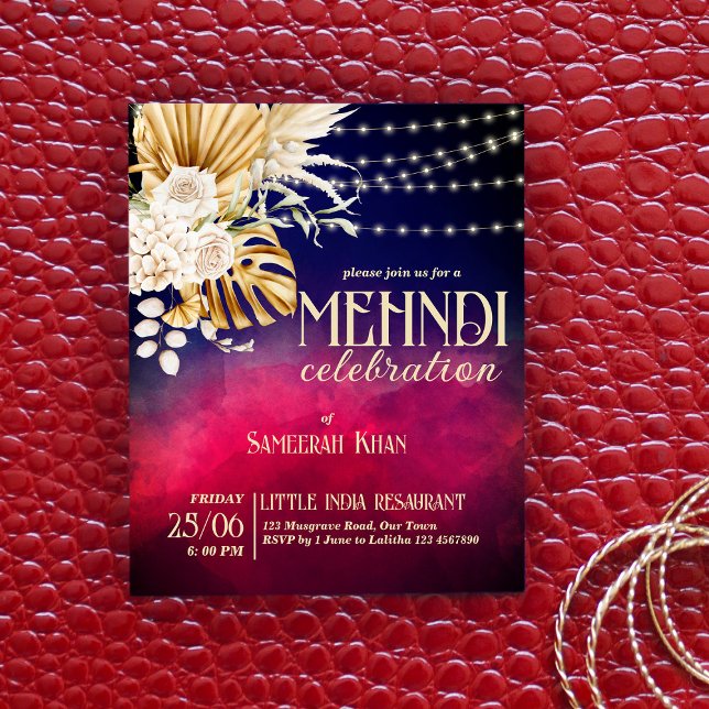 Blue burgundy floral bridal Mehndi budget invite (Creator Uploaded)