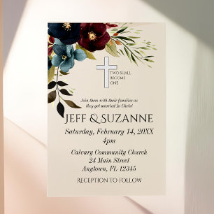 Blue Burgundy Floral Cross Two Become One Vellum Invitations