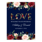 Blue Burgundy Floral Gold Love Wedding Welcome