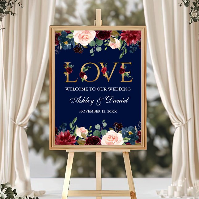 Blue Burgundy Floral Gold Love Wedding Welcome Poster (Customize to change text color, text size, text style or size of poster.)